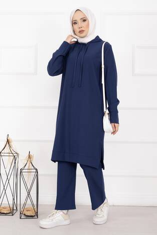 Fitilli Kapüşonlu Tesettür İkili Takım Saks - Thumbnail