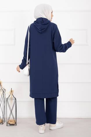 Fitilli Kapüşonlu Tesettür İkili Takım Saks - Thumbnail