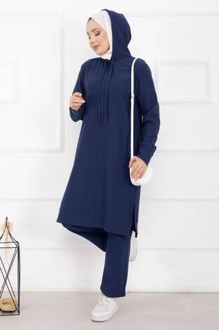 Fitilli Kapüşonlu Tesettür İkili Takım Saks - Thumbnail