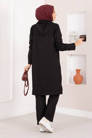 Fitilli Kapüşonlu Tesettür İkili Takım Siyah - Thumbnail