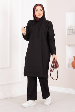 Fitilli Kapüşonlu Tesettür İkili Takım Siyah - Thumbnail