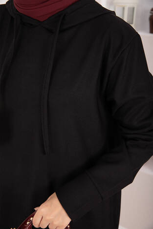 Fitilli Kapüşonlu Tesettür İkili Takım Siyah - Thumbnail