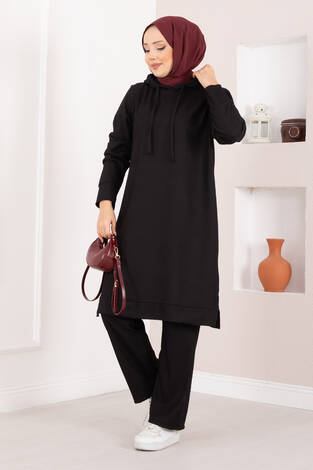 Fitilli Kapüşonlu Tesettür İkili Takım Siyah