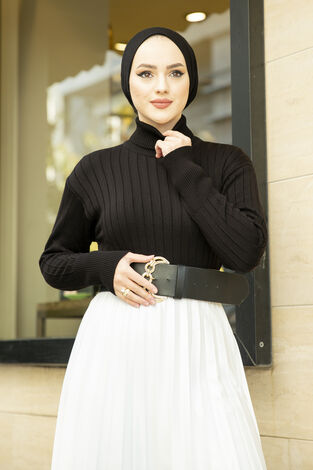 Fitilli Tesettür Triko Kazak Siyah - Thumbnail