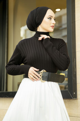 Fitilli Tesettür Triko Kazak Siyah - Thumbnail