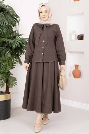 Fiyonk Detaylı İkili Tensel Kot Takım Kahve - Thumbnail