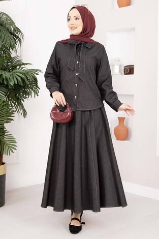 Fiyonk Detaylı İkili Tensel Kot Takım Siyah - Thumbnail