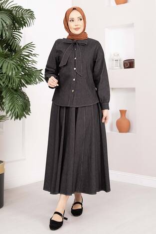 Fiyonk Detaylı İkili Tensel Kot Takım Siyah - Thumbnail