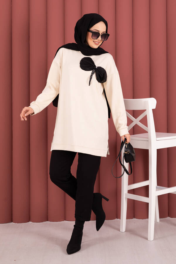 CVN - Fiyonk Detaylı Taş İşlemeli Oyşo Tesettür Tunik Bej