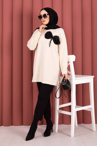 Fiyonk Detaylı Taş İşlemeli Oyşo Tesettür Tunik Bej - Thumbnail