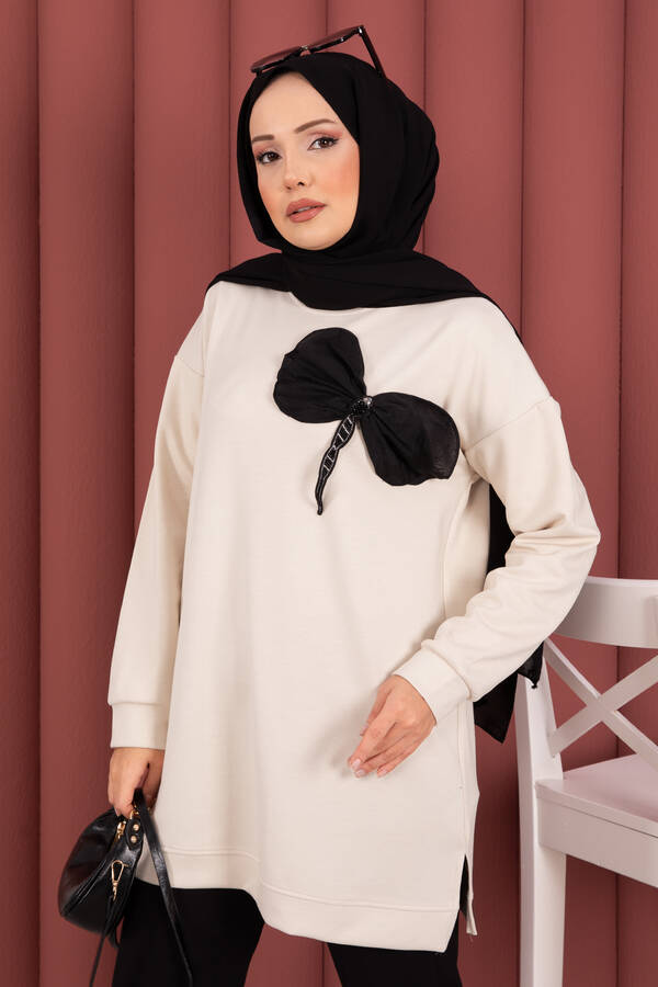 CVN - Fiyonk Detaylı Taş İşlemeli Oyşo Tesettür Tunik Bej (1)