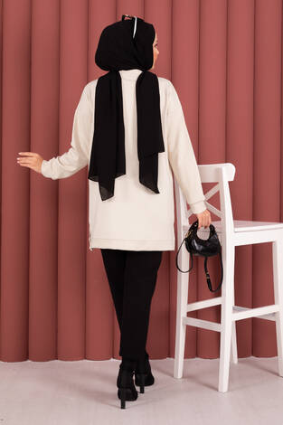 Fiyonk Detaylı Taş İşlemeli Oyşo Tesettür Tunik Bej - Thumbnail