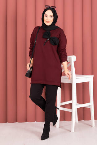 Fiyonk Detaylı Taş İşlemeli Oyşo Tesettür Tunik Bordo - Thumbnail