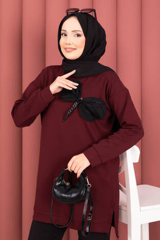 Fiyonk Detaylı Taş İşlemeli Oyşo Tesettür Tunik Bordo - Thumbnail
