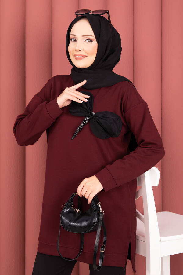 CVN - Fiyonk Detaylı Taş İşlemeli Oyşo Tesettür Tunik Bordo (1)