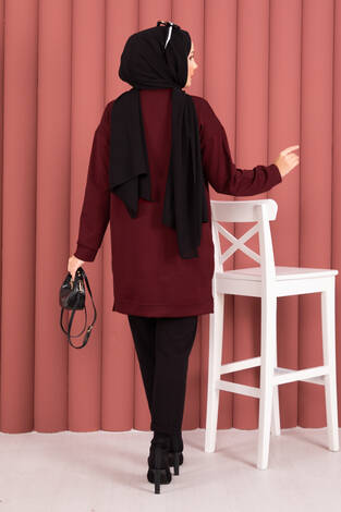 Fiyonk Detaylı Taş İşlemeli Oyşo Tesettür Tunik Bordo - Thumbnail