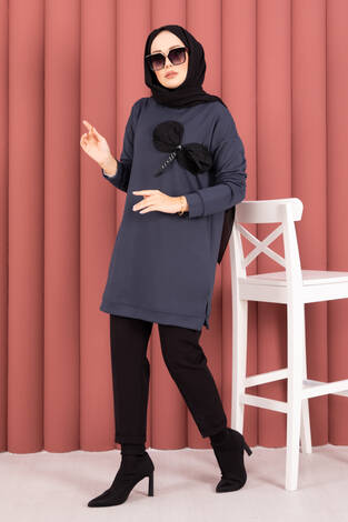 Fiyonk Detaylı Taş İşlemeli Oyşo Tesettür Tunik Füme - Thumbnail