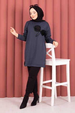 Fiyonk Detaylı Taş İşlemeli Oyşo Tesettür Tunik Füme - Thumbnail