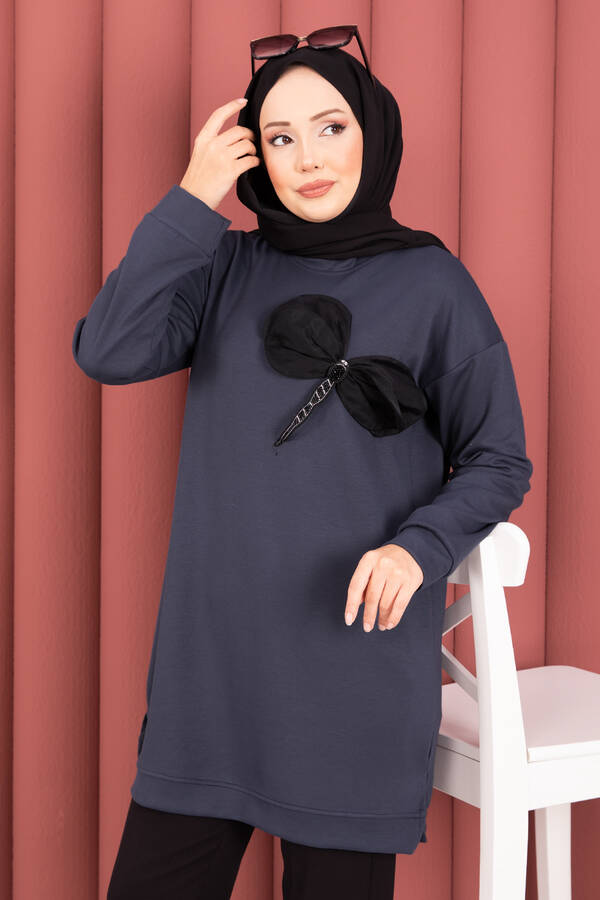 CVN - Fiyonk Detaylı Taş İşlemeli Oyşo Tesettür Tunik Füme (1)