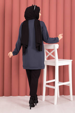 Fiyonk Detaylı Taş İşlemeli Oyşo Tesettür Tunik Füme - Thumbnail