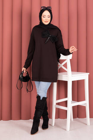 Fiyonk Detaylı Taş İşlemeli Oyşo Tesettür Tunik Kahve - Thumbnail