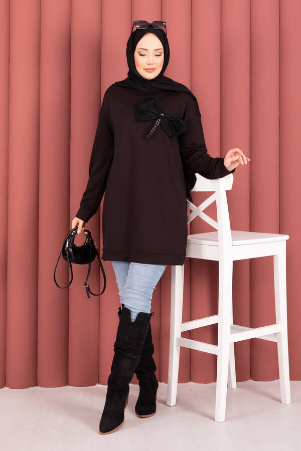 Fiyonk Detaylı Taş İşlemeli Oyşo Tesettür Tunik Kahve - 3