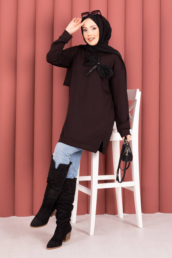 CVN - Fiyonk Detaylı Taş İşlemeli Oyşo Tesettür Tunik Kahve