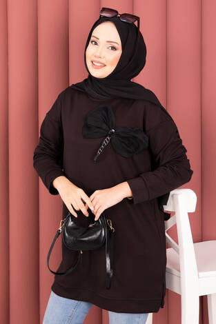 Fiyonk Detaylı Taş İşlemeli Oyşo Tesettür Tunik Kahve - Thumbnail