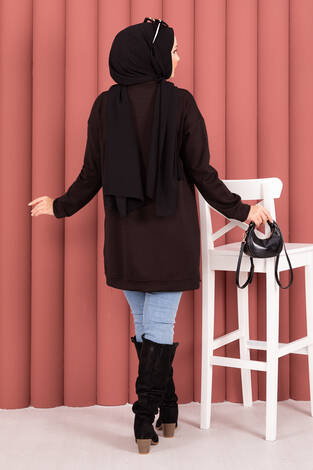 Fiyonk Detaylı Taş İşlemeli Oyşo Tesettür Tunik Kahve - Thumbnail