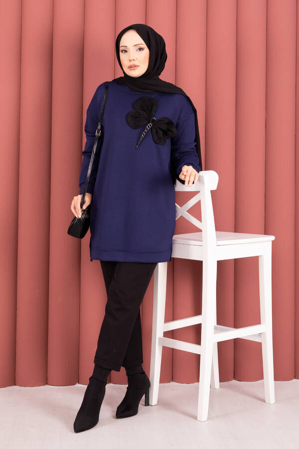 CVN - Fiyonk Detaylı Taş İşlemeli Oyşo Tesettür Tunik Lacivert