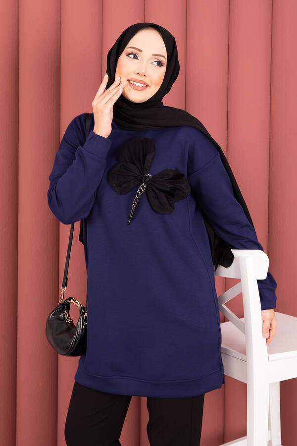 CVN - Fiyonk Detaylı Taş İşlemeli Oyşo Tesettür Tunik Lacivert (1)