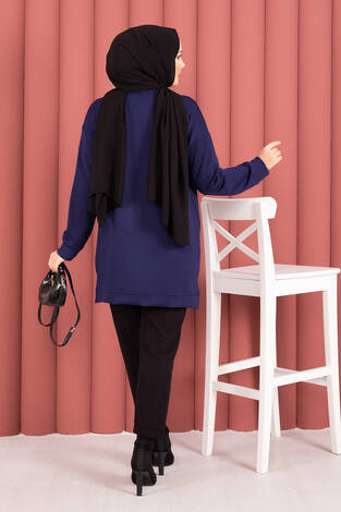 Fiyonk Detaylı Taş İşlemeli Oyşo Tesettür Tunik Lacivert - Thumbnail