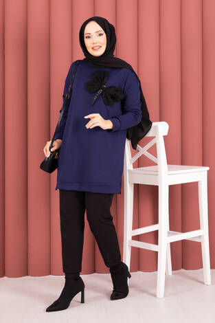 Fiyonk Detaylı Taş İşlemeli Oyşo Tesettür Tunik Lacivert - Thumbnail