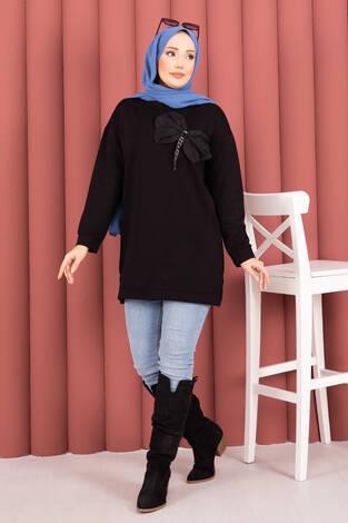 Fiyonk Detaylı Taş İşlemeli Oyşo Tesettür Tunik Siyah - Thumbnail