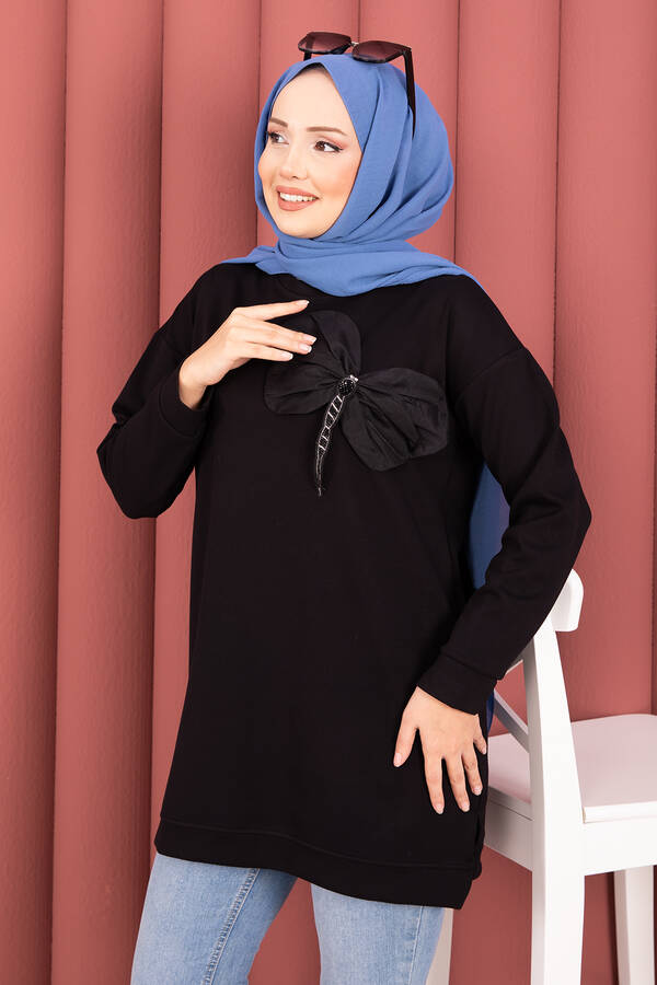 CVN - Fiyonk Detaylı Taş İşlemeli Oyşo Tesettür Tunik Siyah (1)