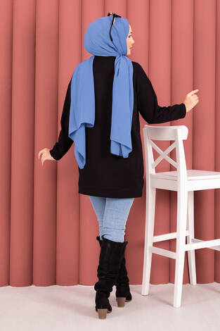 Fiyonk Detaylı Taş İşlemeli Oyşo Tesettür Tunik Siyah - Thumbnail