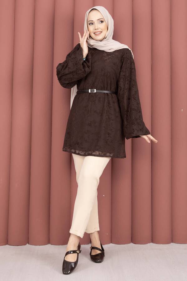 Svs - Flok Baskı Balon Kol Kemerli Tunik Kahve