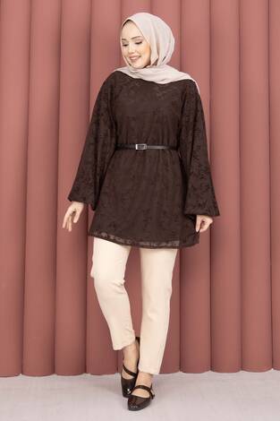 Flok Baskı Balon Kol Kemerli Tunik Kahve - Thumbnail