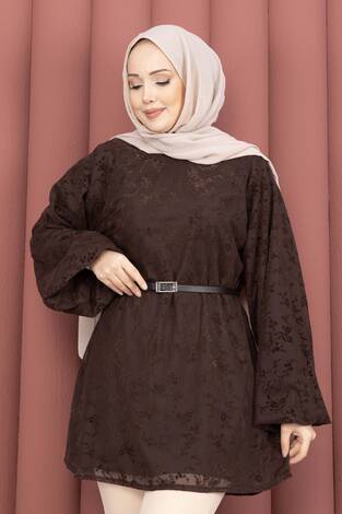 Flok Baskı Balon Kol Kemerli Tunik Kahve - Thumbnail