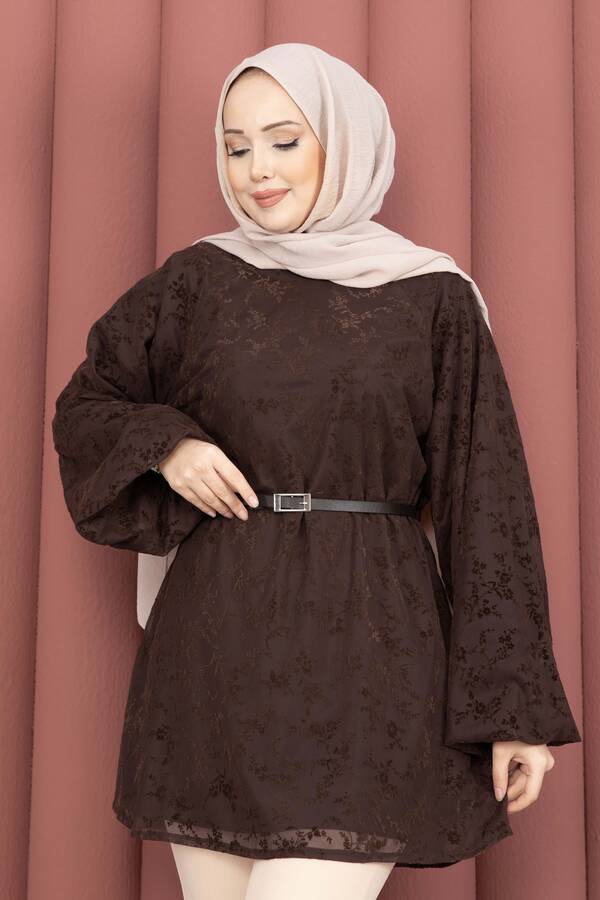 Svs - Flok Baskı Balon Kol Kemerli Tunik Kahve (1)