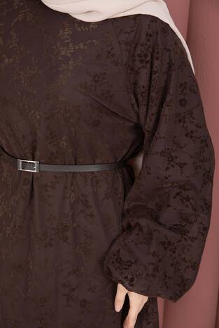 Flok Baskı Balon Kol Kemerli Tunik Kahve - Thumbnail