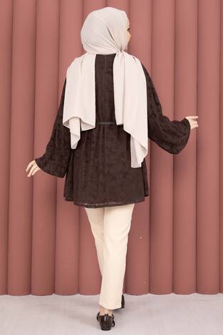 Flok Baskı Balon Kol Kemerli Tunik Kahve - Thumbnail