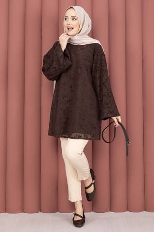 Flok Baskı Balon Kol Kemerli Tunik Kahve - Thumbnail