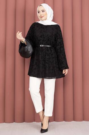 Flok Baskı Balon Kol Kemerli Tunik Siyah - Thumbnail