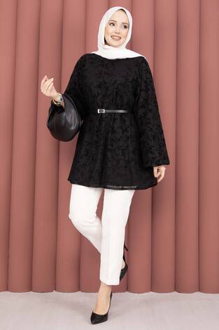 Flok Baskı Balon Kol Kemerli Tunik Siyah - Thumbnail