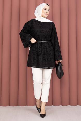 Flok Baskı Balon Kol Kemerli Tunik Siyah