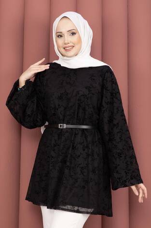 Flok Baskı Balon Kol Kemerli Tunik Siyah - Thumbnail