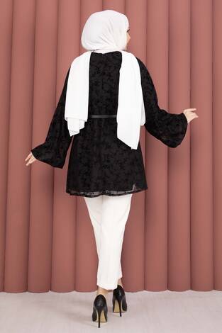 Flok Baskı Balon Kol Kemerli Tunik Siyah - Thumbnail