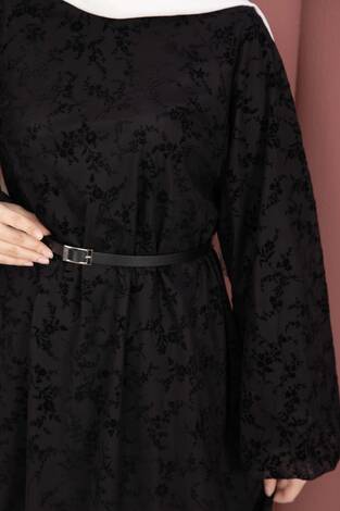 Flok Baskı Balon Kol Kemerli Tunik Siyah - Thumbnail