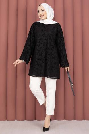 Flok Baskı Balon Kol Kemerli Tunik Siyah - Thumbnail